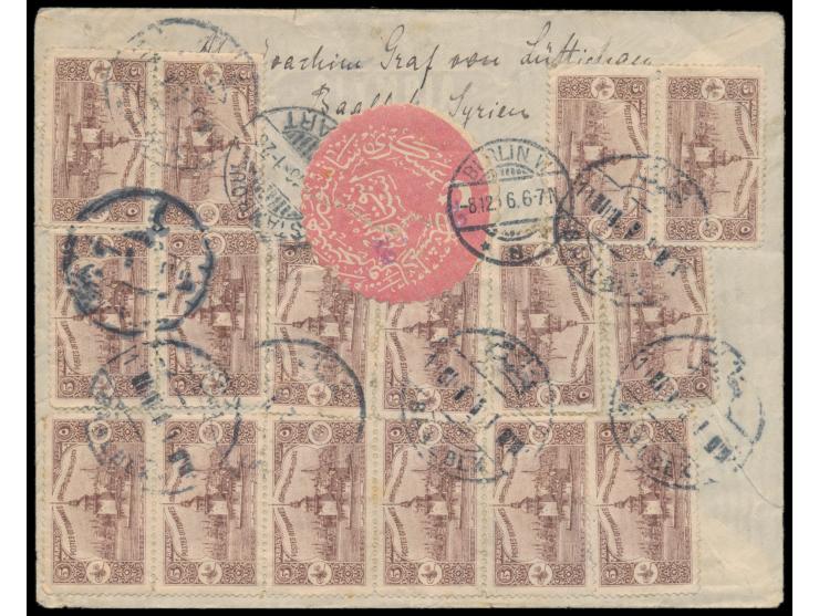 20 x 5 Para Leanderturm (1914) als seltene  Massenfrankatur  beidseitig auf  Einschreibbrief  mit Stempel  Baalbek  1916 und 