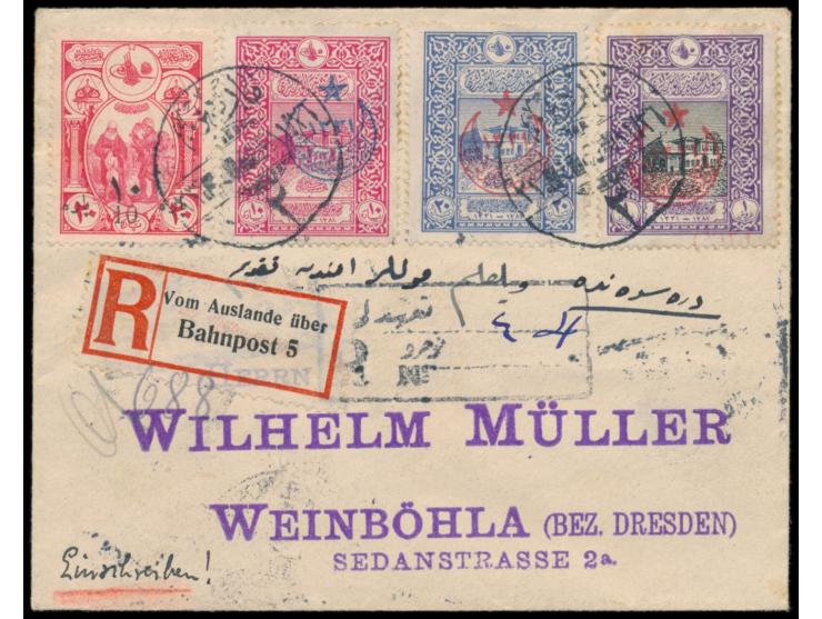 Einschreibbrief  mit Marken der Aufdruckausgabe 1916 und 1917 nach Deutschland, türkische Zensur,  R-Zettel "Vom Ausland über