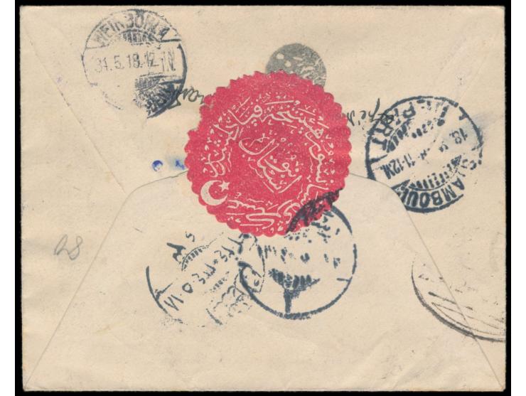 Einschreibbrief  mit Marken der Aufdruckausgabe 1916 und 1917 nach Deutschland, türkische Zensur,  R-Zettel "Vom Ausland über
