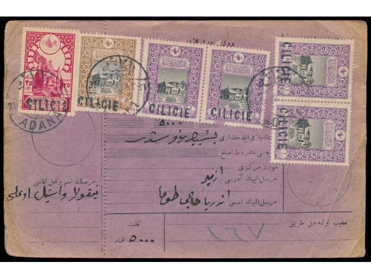 Cilicien,  Postjubiläum 4 x 1 Pia. und 1 x 5 Pia. (1916) und 25 Pia. (1916) mit Handstempelaufdruck Type I auf Paketkarte, St