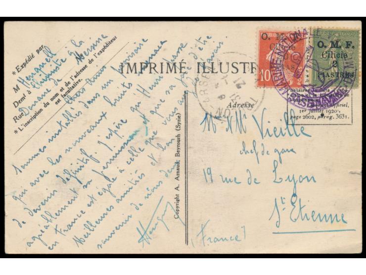 Cilicien, &nbsp;französiche Besatzungsausgabe 20 Pa. auf 10 C. und 2 Pia. auf 15 C., auf Postkarte mit Dienstsiegel-Entwertun