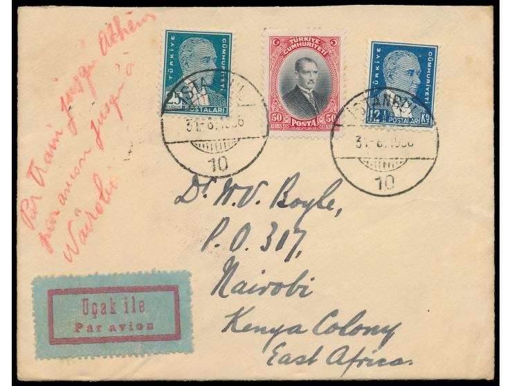 50 Ks. (1929) mit 12 1/2 K und 25 K (1931) und rückseitig 5 x Zwangszuschlagsmarke 1 K auf  Luftpostbrief  mit Stempel Istanb