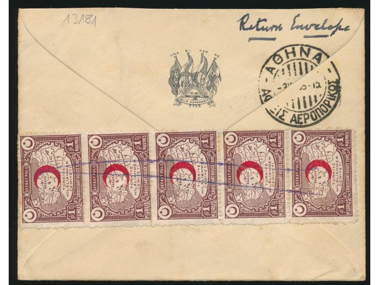 50 Ks. (1929) mit 12 1/2 K und 25 K (1931) und rückseitig 5 x Zwangszuschlagsmarke 1 K auf  Luftpostbrief  mit Stempel Istanb