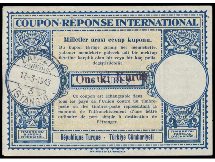 Internationaler Antwortschein,  Muster London, Wertangabe 6 Kurus überstempelt " On iki Kurus" , Ausgabestempel Bayazit / Ist
