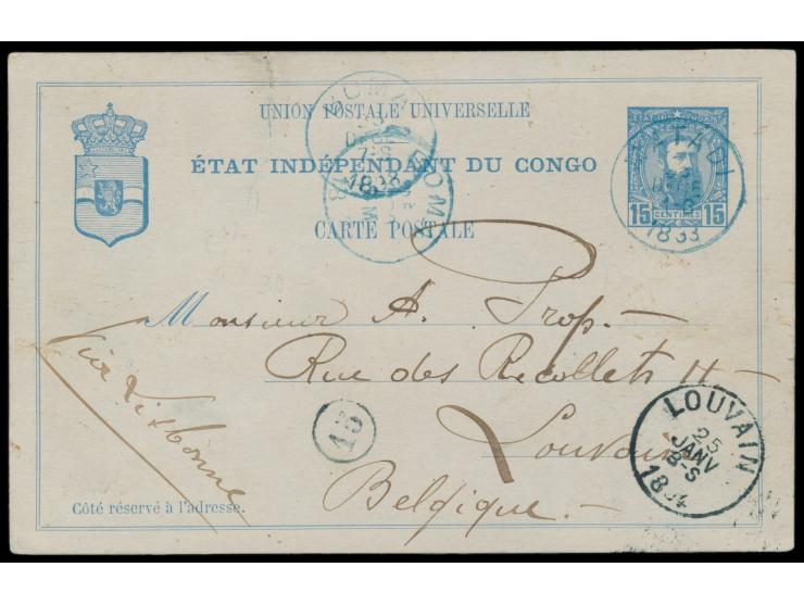 Belgisch-Congo,  Ganzsache 15 C. König Leopold, blauer Stempel  Matadi  23.12.1893, nach Belgien, Durchgangsstempel Boma 25.1