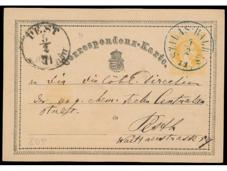 seltener Stempel  Szilas-Balhas  4.2.71 und 1.9.71, beide in  blau  auf Ganzsache P1 bzw. P 3 nach Pesth
