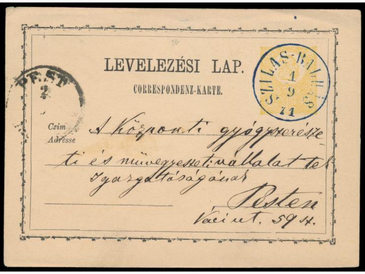 seltener Stempel  Szilas-Balhas  4.2.71 und 1.9.71, beide in  blau  auf Ganzsache P1 bzw. P 3 nach Pesth
