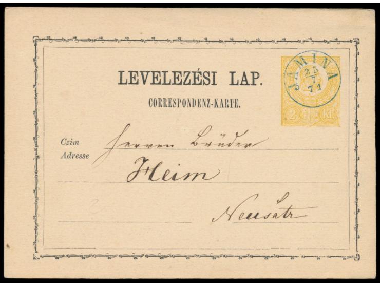 Ganzsache 2 Kr. (Ausgabe 1871) mit seltenem Stempel  Jamina  25.7.71,  blaue Stempelfarbe,  nach Neusatz
