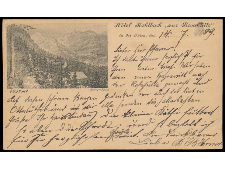 Ganzsache  2 Kr. mit rückseitigem Bildzudruck  Hotel Kohlbach "zur Rosahütte" in der Tatra ...,  Stempel Uj-Tatra Füred 16.7.