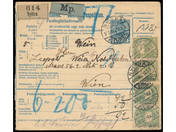 Währungs-Mischfrankatur &nbsp;2 x 3 Kr. (Ausgabe 1888) mit 2 x 60 f (Ausgabe 1900) auf &nbsp;Postbegleitadresse &nbsp;für ein