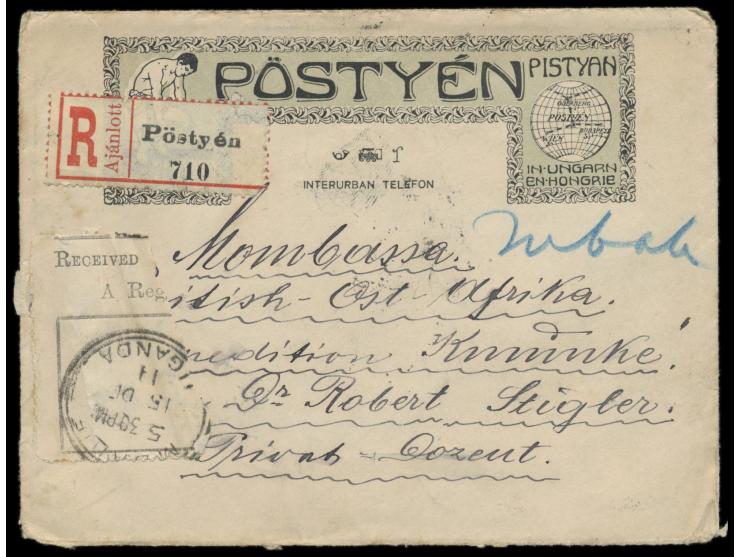 2x 25 F. Turul-Ausgabe auf dekorativem Einschreibbrief Postyen 4.11.11 nach  Mombasa in Britisch Ostafrika. . Empfänger ist D