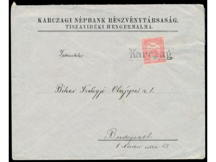 10 f auf Firmenbrief, entwertet mit R1  Karczag,  nach Budapest, Bedarf
