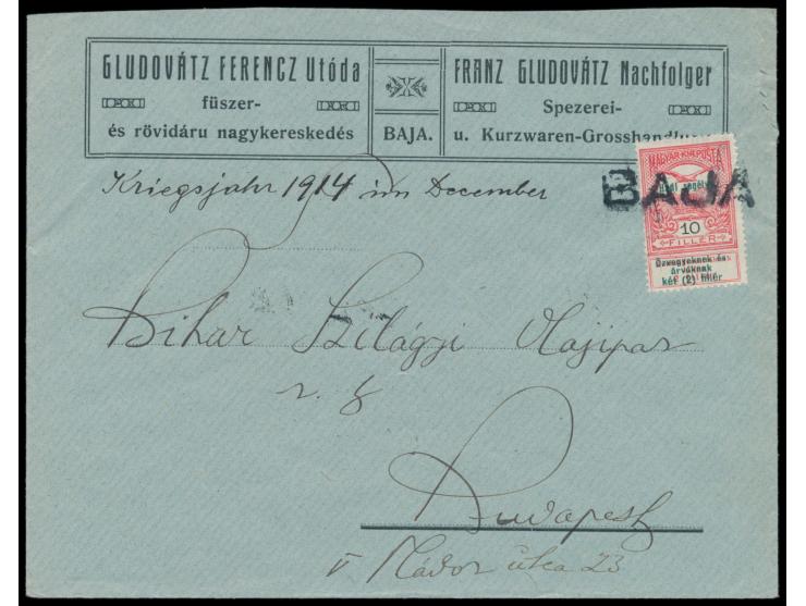 schwarzer L1  Baja  auf Brief mit Kriegshilfe 10 + 2 f. (1914) nach Budapest
