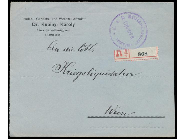 35 f. mit  Tarnstempel-Entwertung  rückseitig auf Einschreibbrief mit gedrucktem Absender aus  Ujvidek  nach Wien, R-Zettel m