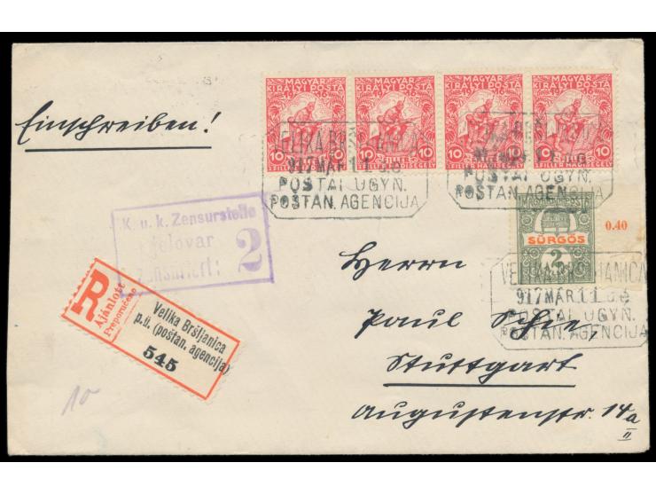 4 x 10 + 2 f Kriegshilfe und Eilmarke 2 f auf  Einschreibbrief  mit seltenem achteckigem Postagenturstempel  Velika Brsljanic