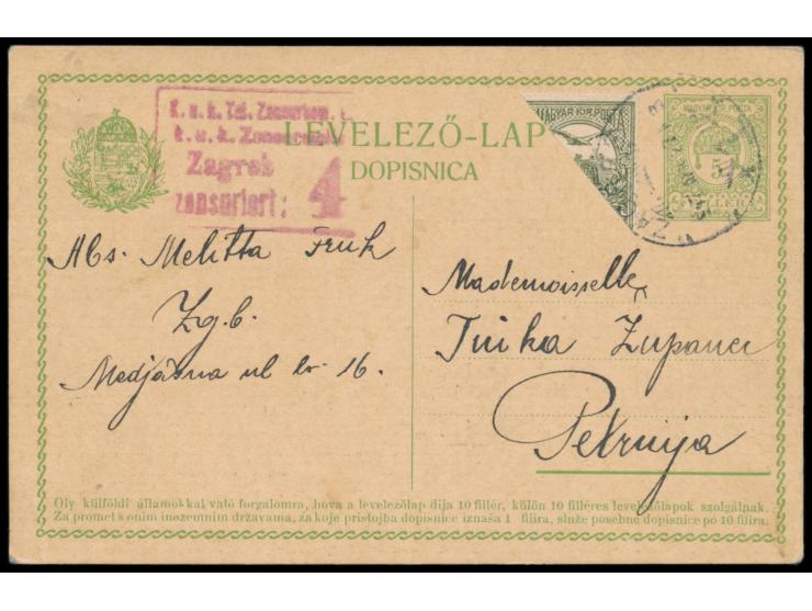 6 f. diagonal halbiert  (als 3 f.) als Portoergänzung (Porto 8 f.) auf 5 f.-Ganzsache (zweisprachiger Vordruck), Stempel  Zag