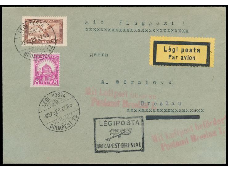 Luftpost-Drucksache nach Deutschland, Frankatur 8 f Kaiserkrone und 16 f Flugpost, Stempel Legi Posta Budapest 27.9.27, selte