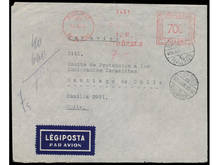 Absenderfreistempel  Pesti Izr. Hitközseg  (Pester Jüdische Glaubensgemeinschaft), Budapest 15.6.1939, Wertangabe 700 Filler,