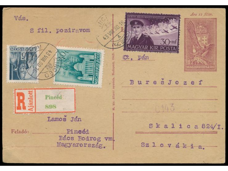 Ungarische Besetzung der serbischen Voivodina:  Ungarn-Ganzsache 12 f mit Zusatzfrankatur 76 f als  Eischreiben  in die Slowa