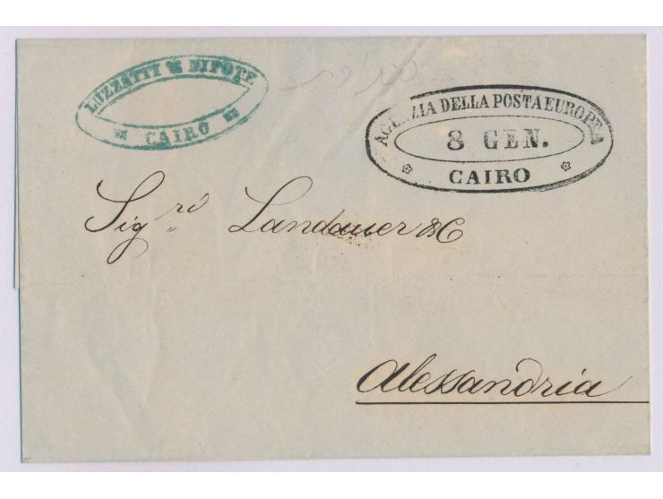 Ovalstempel  Agenzia della Posta Europea Cairo / 8. Gen. (1852)  auf Faltbriefhülle nach Alexandria
Stichwort: Italien
