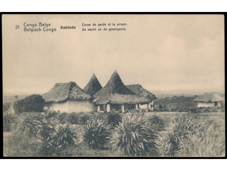 Belgisch-Kongo, Bildganzsache 10 C. (Bild No. 21 - Kabinda, Corps de garde et la prison), gesamter Vordruck und Wertstempel m