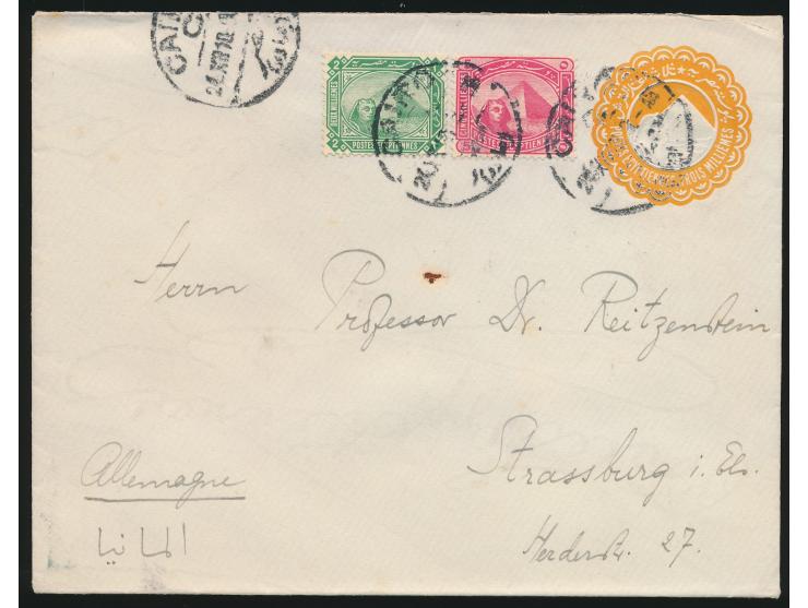 2 Ganzsachen-Umschläge zu 3 Mill. mit Zusatzfrankatur 2 und 5 Mill. sowie 1, 2 und 4 Mill, Stempel Cairo 20.12.10 und 2.1.11 