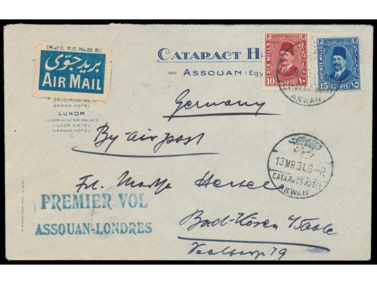 Stempel &nbsp;Cataract Hotel Aswan &nbsp;13.3.31 auf Hotelumschlag mit 10 M. und 15 M. mit Luftpost nach Deutschland, Nebenst
