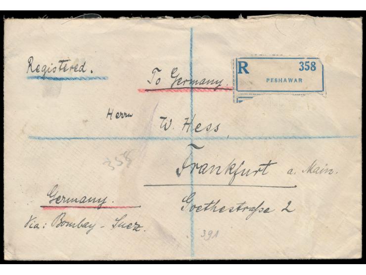 Ausgabe 1927:  Viererblock und Paar 15 Pl. und 3 x 30 Pl. mit verschiedenen Entwertungen rückseitig auf  Einschreibbrief  mit