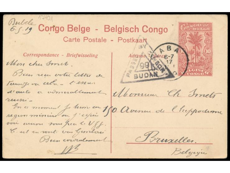Belgisch-Congo,  Bildganzsache 10 C. (Bild 10 - Pont de la Lukula ...), geschrieben in Bubele 6.5.1919, Stempel  Aba  17.5.19