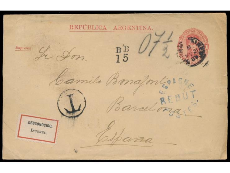 Ganzsachen-Streifband 1 C. mit Stempel Buenos Aires 21.5.89 nach Spanien, T.-Stempel, Ankunftstempel Barcelona 15.6.89, rücks