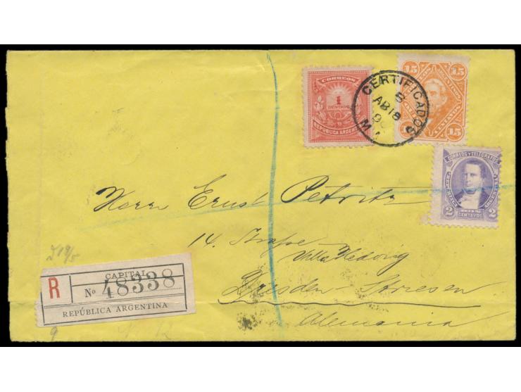 1 C. (1882), 15 C. (1887) und 2 C. (1890) auf Einschreibbrief mit Stempel  Certificados M. A.  18.4.90 und frühem  R-Zettel "