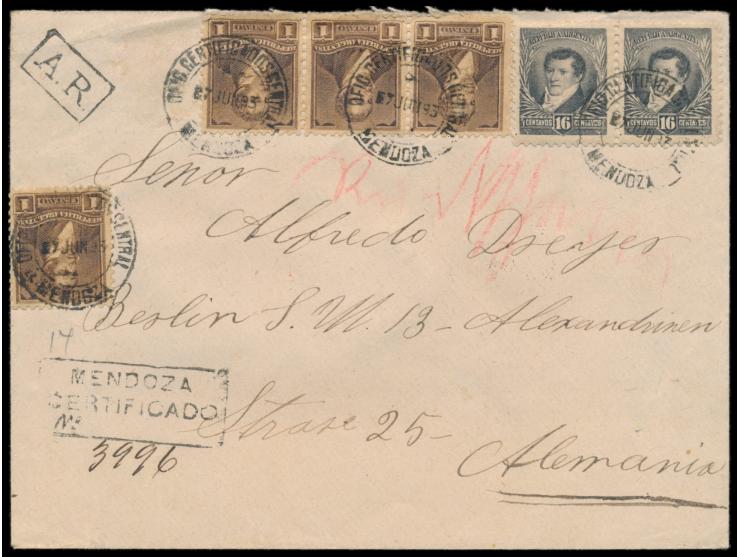 Ausgabe 1892: 4 x 1 C. und 2 x 16 C. auf  R-Rückschein-Brief  mit Stempel  Mendoza  7.6.93 nach Deutschland, R-Stempel und St