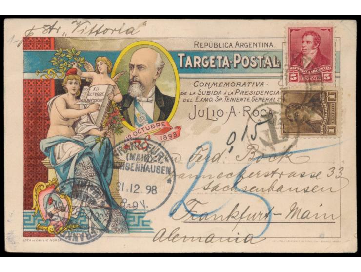 1 C. und 5 C. auf mehrfarbiger Ansichtskarte &nbsp;&quot;Julio A. Roca&quot; nach Deutschland, Stempel Buenos Aires 7.12.1898