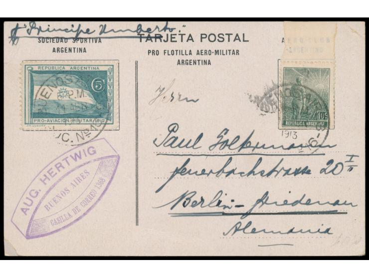 Sonderkarte  "Pro Flotilla Aero-Militar Argentina"  mit entsprechender Spendenmarke 5 C.  "Pro Aviacion Militar 1912"  und Fr