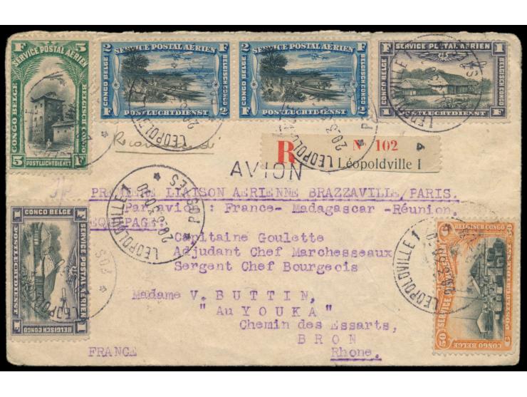 Belgisch-Kongo,  Luftpost-Einschreibbrief mit Stempel Leopoldville 20.3.30 nach Frankreich, beidseitige frankiert mit insgesa