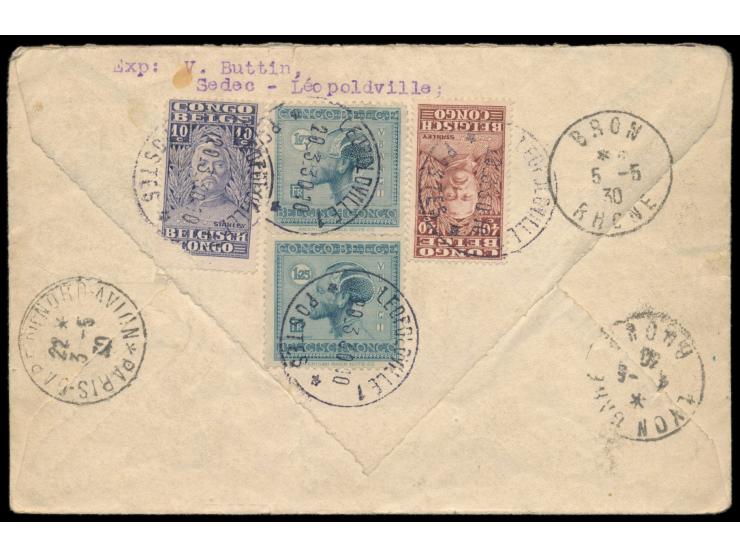 Belgisch-Kongo,  Luftpost-Einschreibbrief mit Stempel Leopoldville 20.3.30 nach Frankreich, beidseitige frankiert mit insgesa