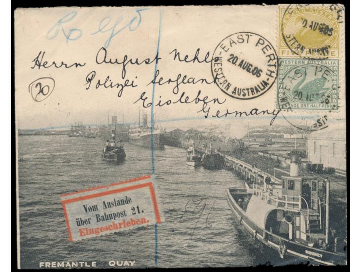 Westaustralien, &nbsp;1/2 d und 5 d. auf dekorativem &nbsp;Bildumschlag &nbsp;&quot;Fremantle Quay&quot; als Einschreiben nac