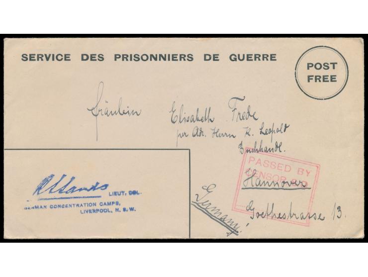 Vordruckumschlag aus dem Kriegsgefangenenlager  Liverpool, N.S.W.  nach Deutschland, violetter Lagerstempel mit faksimilierte
