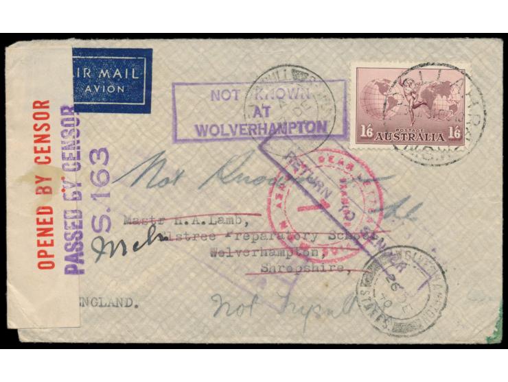 1,6 Sh. auf Luftpostbrief mit Stempel  Woolahra N.S.W.  31.10.40 nach England, links australischer Zensurverschluß und Stempe