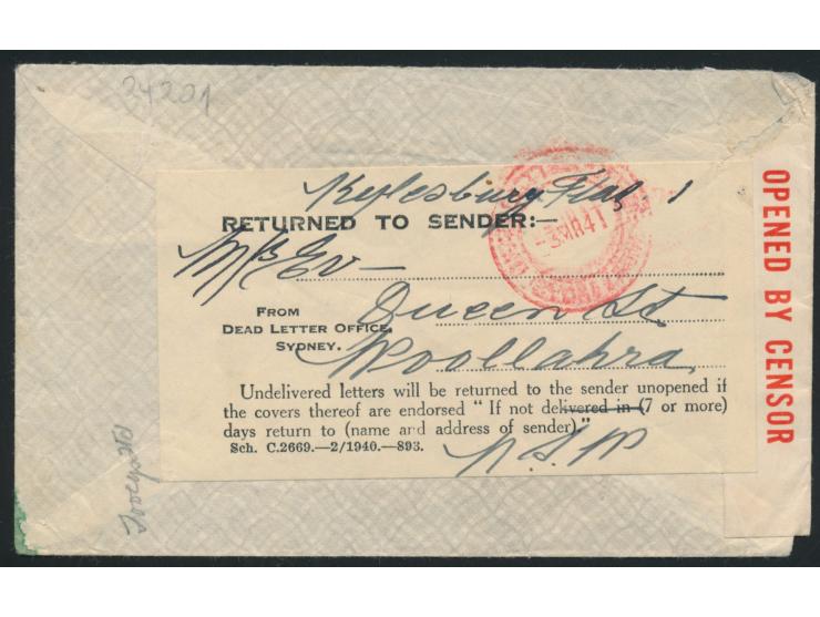 1,6 Sh. auf Luftpostbrief mit Stempel  Woolahra N.S.W.  31.10.40 nach England, links australischer Zensurverschluß und Stempe