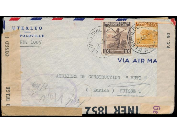 Belgisch-Kongo,  2 Fr. und 10 Fr. auf Luftpostbrief mit Stempel Leopoldville 27.4.44 in die Schweiz, Zensurverschlüsse von Be