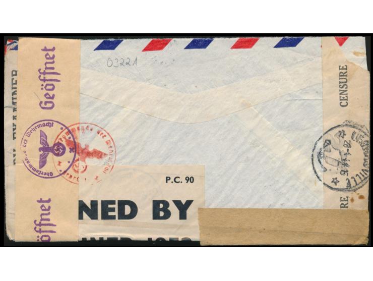 Belgisch-Kongo,  2 Fr. und 10 Fr. auf Luftpostbrief mit Stempel Leopoldville 27.4.44 in die Schweiz, Zensurverschlüsse von Be