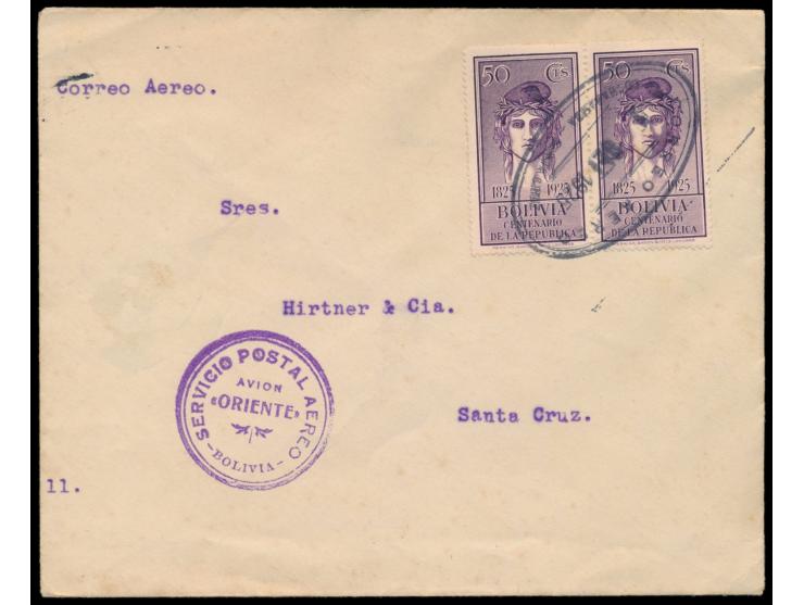 Experimental-Flug Cochabamba - Santa Cruz  vor Gründung der LAB:   2 x 50 C. "100 Jahre Republik" auf Luftpostbrief, Ovalstem