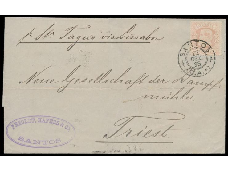 Einzelfrankatur 200 Reis Dom Pedro "Cabecha Pequena" (1881) auf Brief nach Österreich, Stempel  Santos  22.12.85, Durchgangss