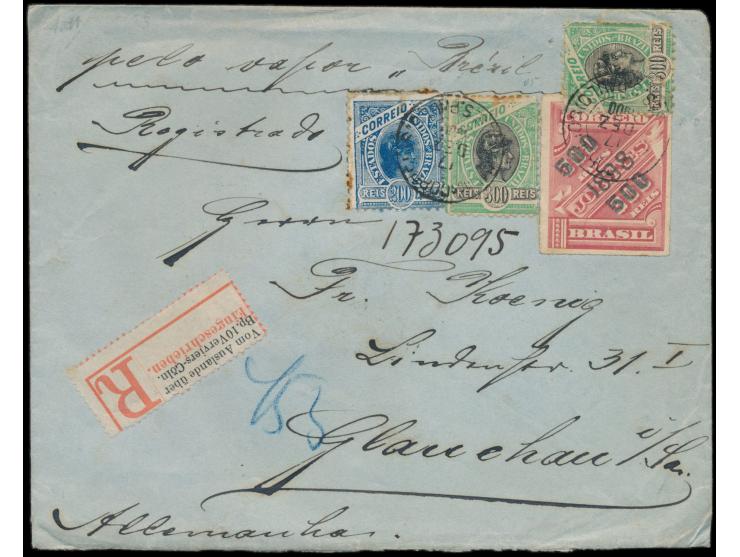 Zeitungsmarke 500 Reis auf 300 Reis  (1898) mit 200 Reis und 2 x 300 Reis Freiheitskopf (Zähnung teilweise fleckig) auf  Eins