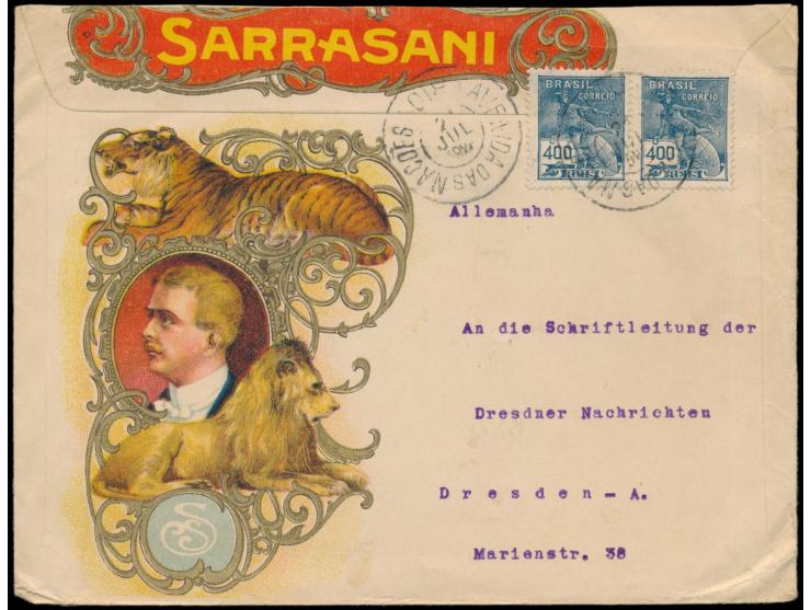 2 x 400 Reis auf beidseitig mehrfarbig bedrucktem Reklameumschlag  Zirkus Sarrasani  nach Deutschland, Stempel Rio 21.7.1925
