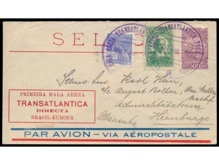 Erstflug Rio de Janeiro - Paris  am 7.6.1930 mit Aeropostale: Vordruckumschlag mit 3000 Reis-Frankatur, violetter  Sonderstem