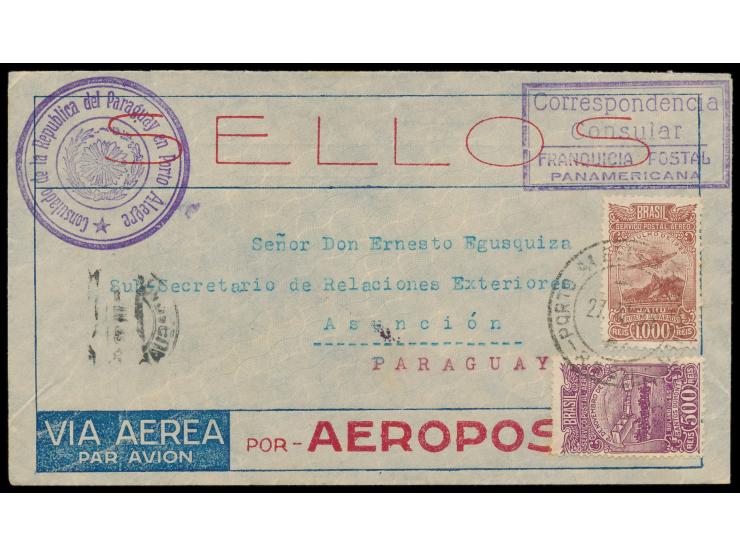 portofreier Brief des Konsulats der Republik Paraguay in Porto Alegre nach Asuncion / Paraguay, befördert mit  Aeropostale  n