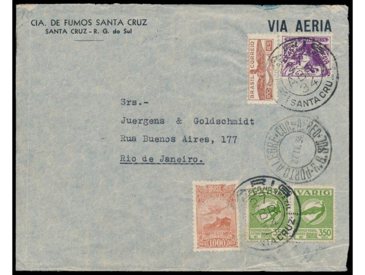 Luftpostbrief  mit  VARIG  von Santa Cruz nach Rio de Janeiro, Frankatur 1200 Reis mit Zwangszuschlagsmarke 100 Reis und 2 x 