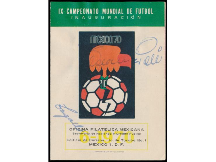 Original-Unterschriften &nbsp;Pelé &nbsp;und &nbsp;Zagallo &nbsp;auf kleinem Werbe-Faltblatt für die Fußball-WM &nbsp;in Mexi